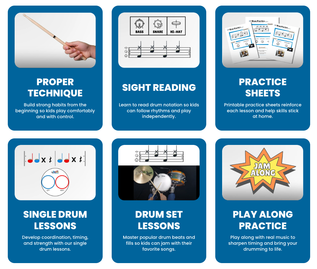 The building blocks of My Music Workshop's drum curriculum: proper technique, sight reading, practice sheets, single drum lessons, full drum set lessons, and play-along practice