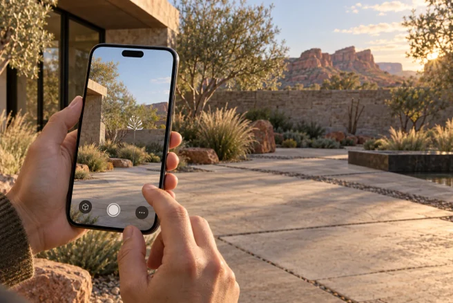 A hand holding a smartphone using the Lyman Whitaker Wind Sculptures app to place an actual sculpture into a live camera view of a desert courtyard