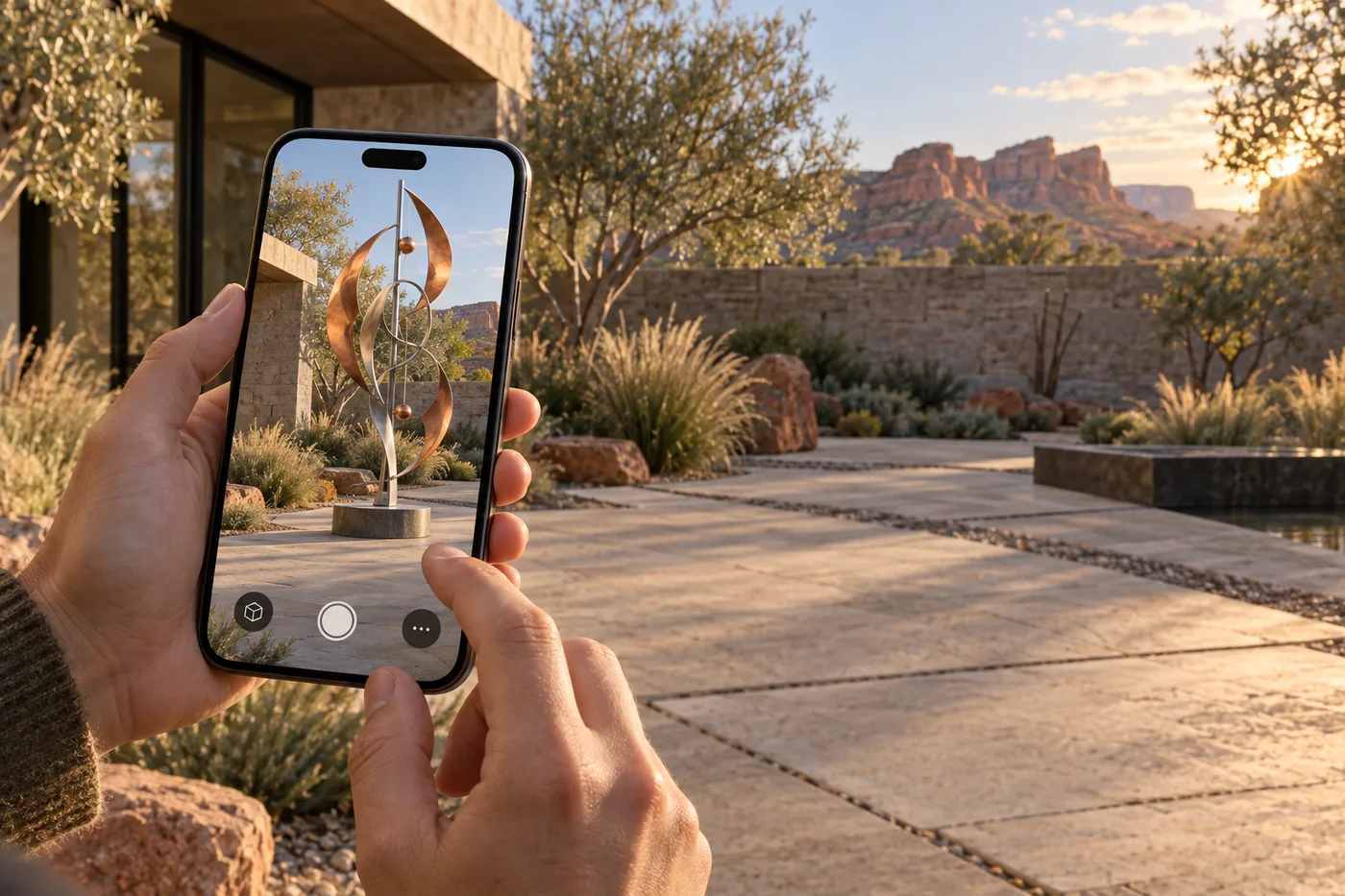 Conceptual illustration of a smartphone placing a kinetic sculpture into a landscaped courtyard using augmented reality