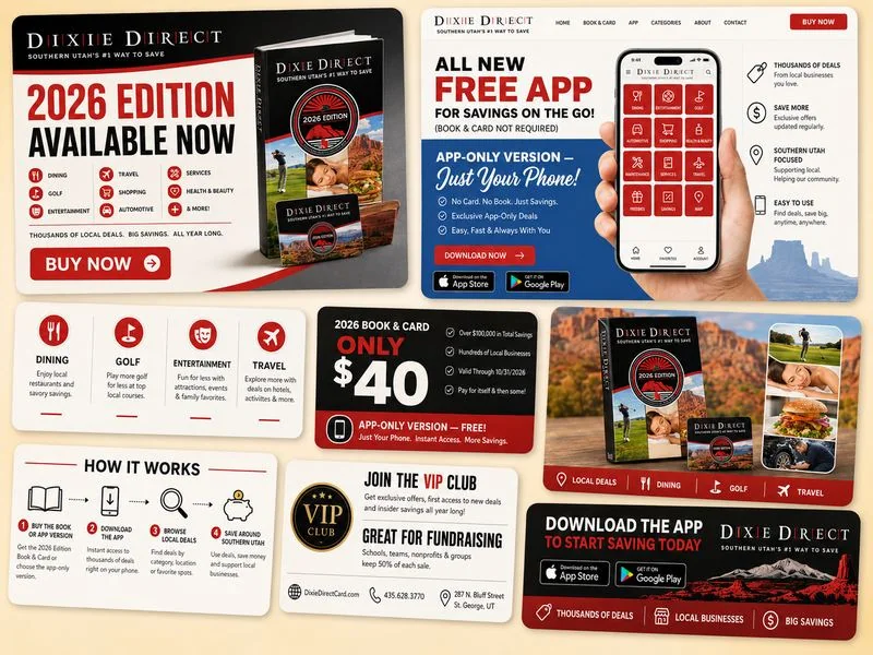 Dixie Direct — savings book, mobile app, and marketing design for Southern Utah's local deal platform