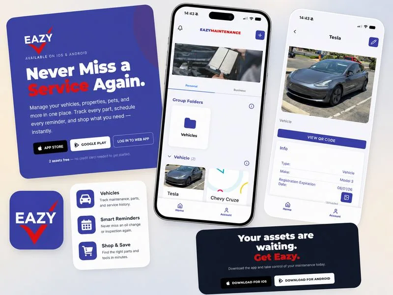 Eazy Maintenance — iOS and Android vehicle and asset tracking app with smart reminders and shop integration