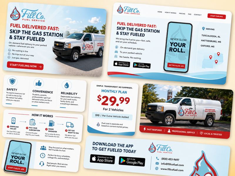 FillCo Fuel Service — brand identity, website design, and app marketing for on-demand fuel delivery