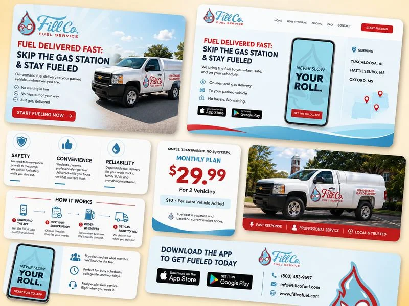 FillCo Fuel Service — brand identity, website design, and app marketing for on-demand fuel delivery