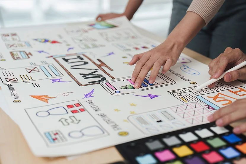 Two designers collaborating on UI/UX wireframes and reviewing a color palette by hand